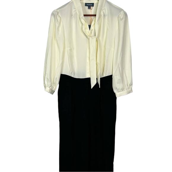 Modcloth Pretty Polished Twofer Jumpsuit Tie 3/4 Sleeve Wide Leg Black Ivory S - Picture 3 of 7